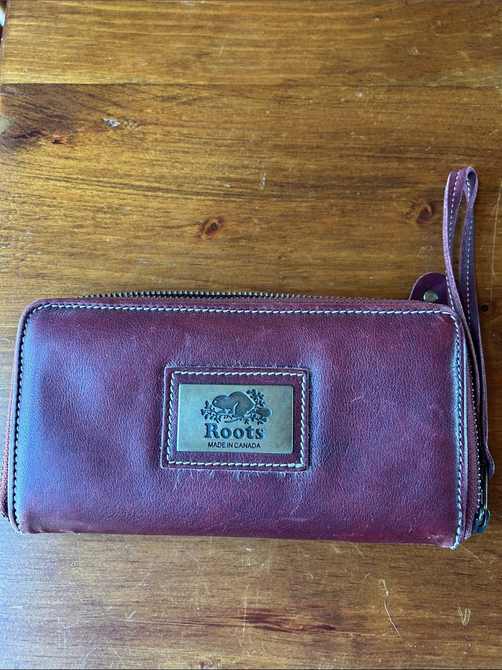 Roots Leather Wristlet Wallet - Burgundy Plum